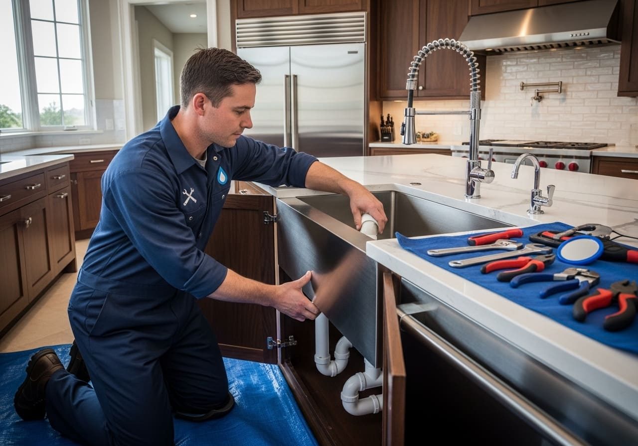 Plumber repairing drain lines under a kitchen sink – Commercial Plumbing Services in Bennett