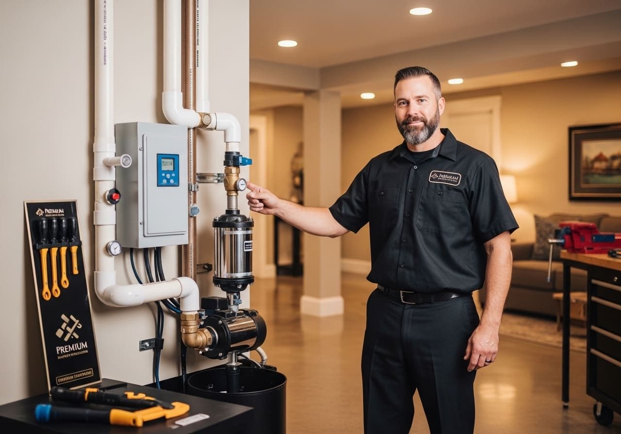 Plumber beside a newly installed home water treatment system – Bennett's Trusted Plumbing & Septic Tank Service