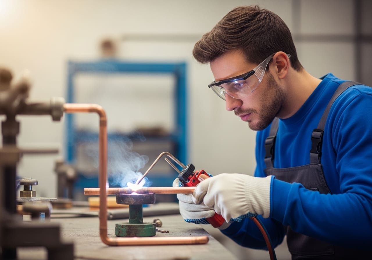 Plumber brazing a copper water line – Accessibility Statement