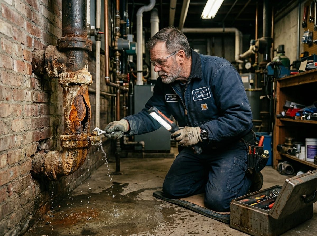 Plumber inspecting a corroded, leaking cast iron pipe in a basement – Bennett's Trusted Plumbing & Septic Tank Service