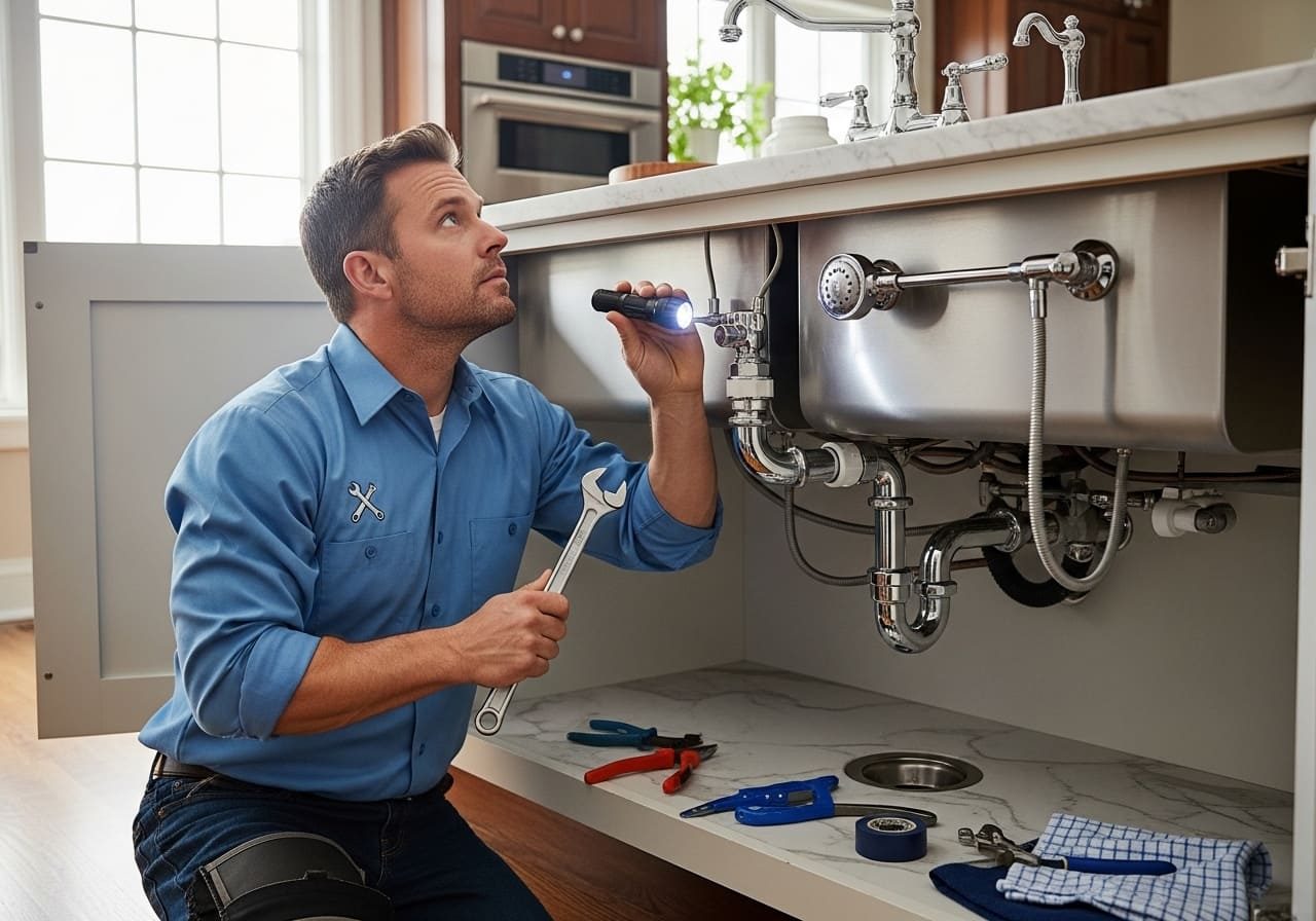 Plumber repairing drain pipes under a kitchen sink – Contact Us