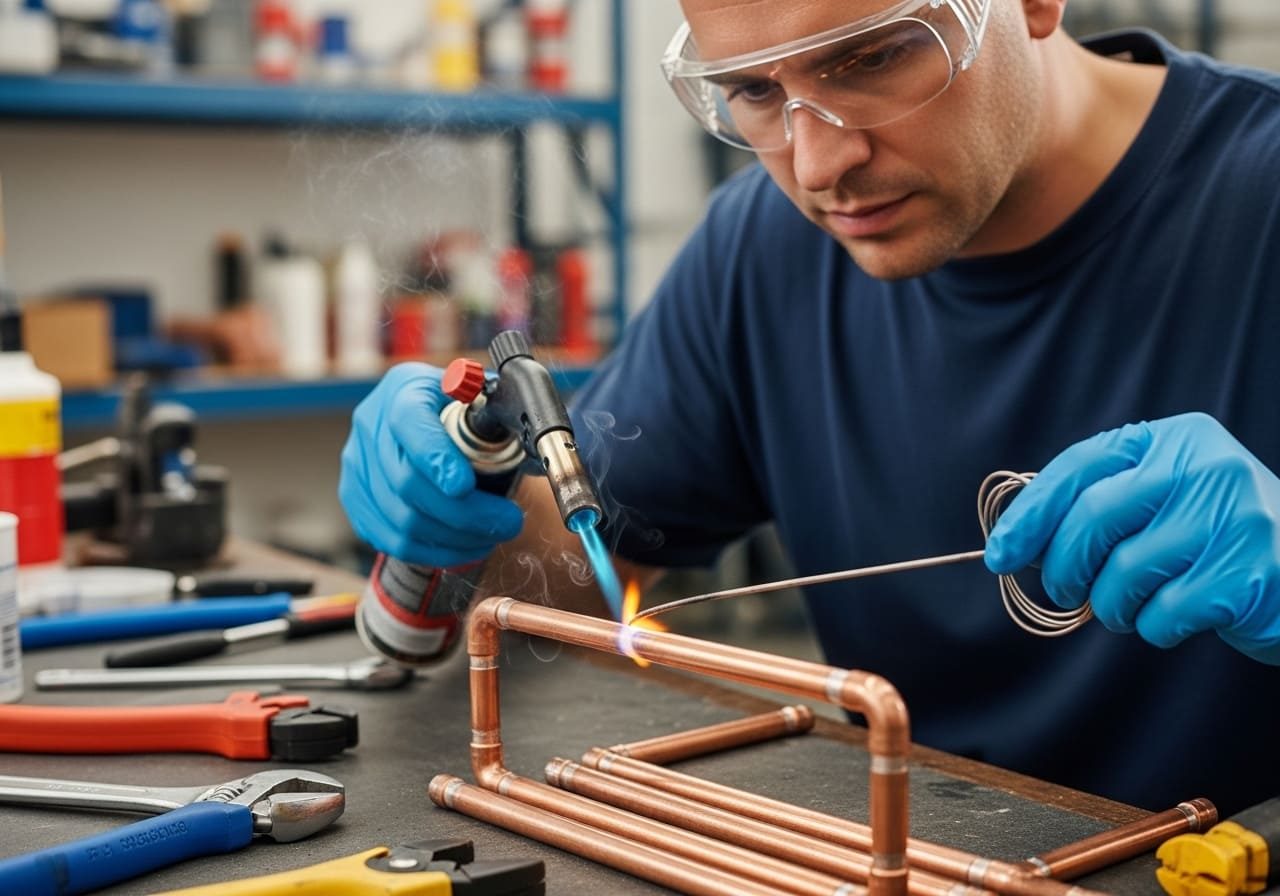Plumber soldering copper pipe fittings with a torch – Bennett's Trusted Plumbing & Septic Tank Service