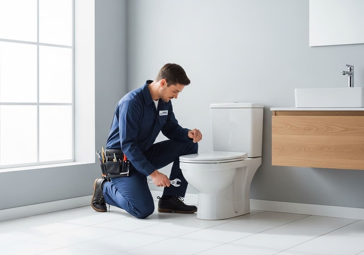 Plumber repairing a toilet in a modern bathroom – Plumbing Repair Services in Bennett