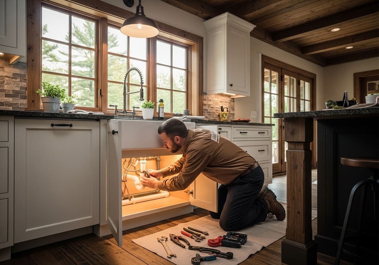 Plumber working on pipes under a kitchen sink – Septic Tank Service and Repair in Bennett