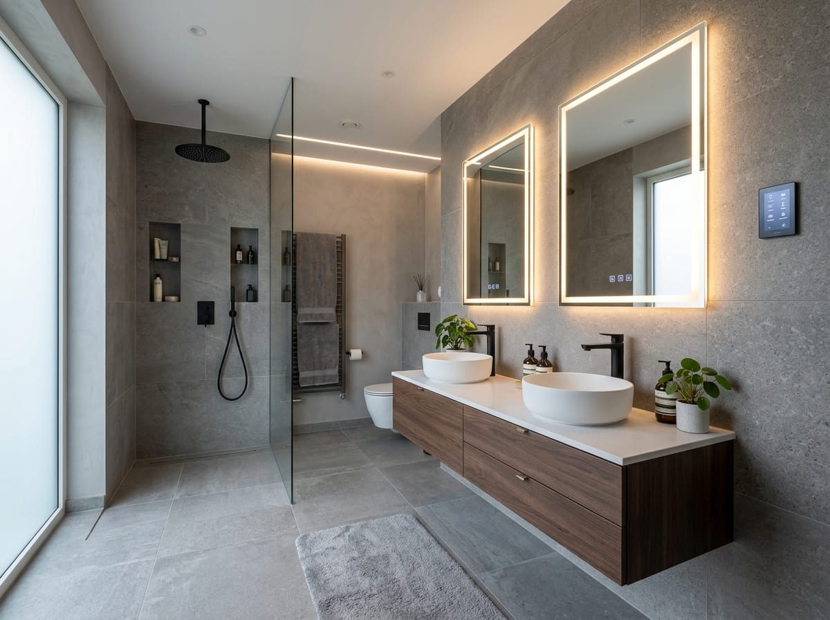Modern bathroom with a new wall-hung toilet and vanity – Toilet Repair and Installation in Bennett