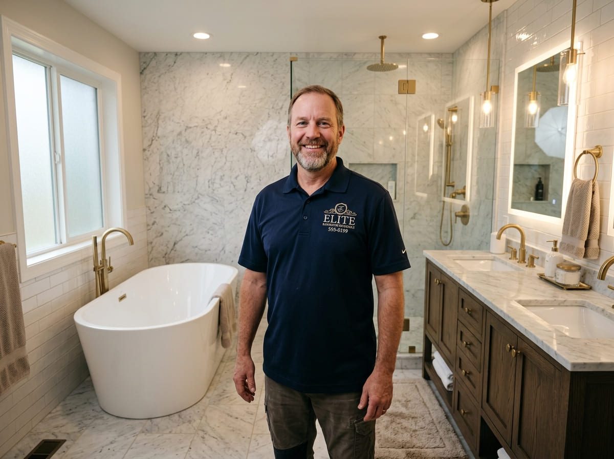Plumber in a remodeled bathroom after fixture installation – Water Heater Repair and Installation in Bennett